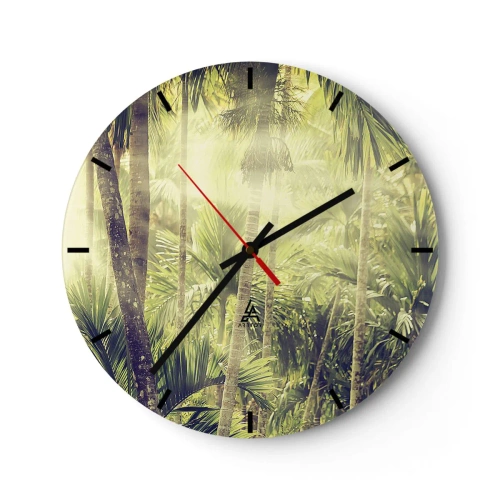 Wall clock - Clock on glass - Tropical palm forest in the sun's rays - 30x30cm - In Green Heat - Modern wall decoration for the living room, kitchen, and bedroom ARTTOR