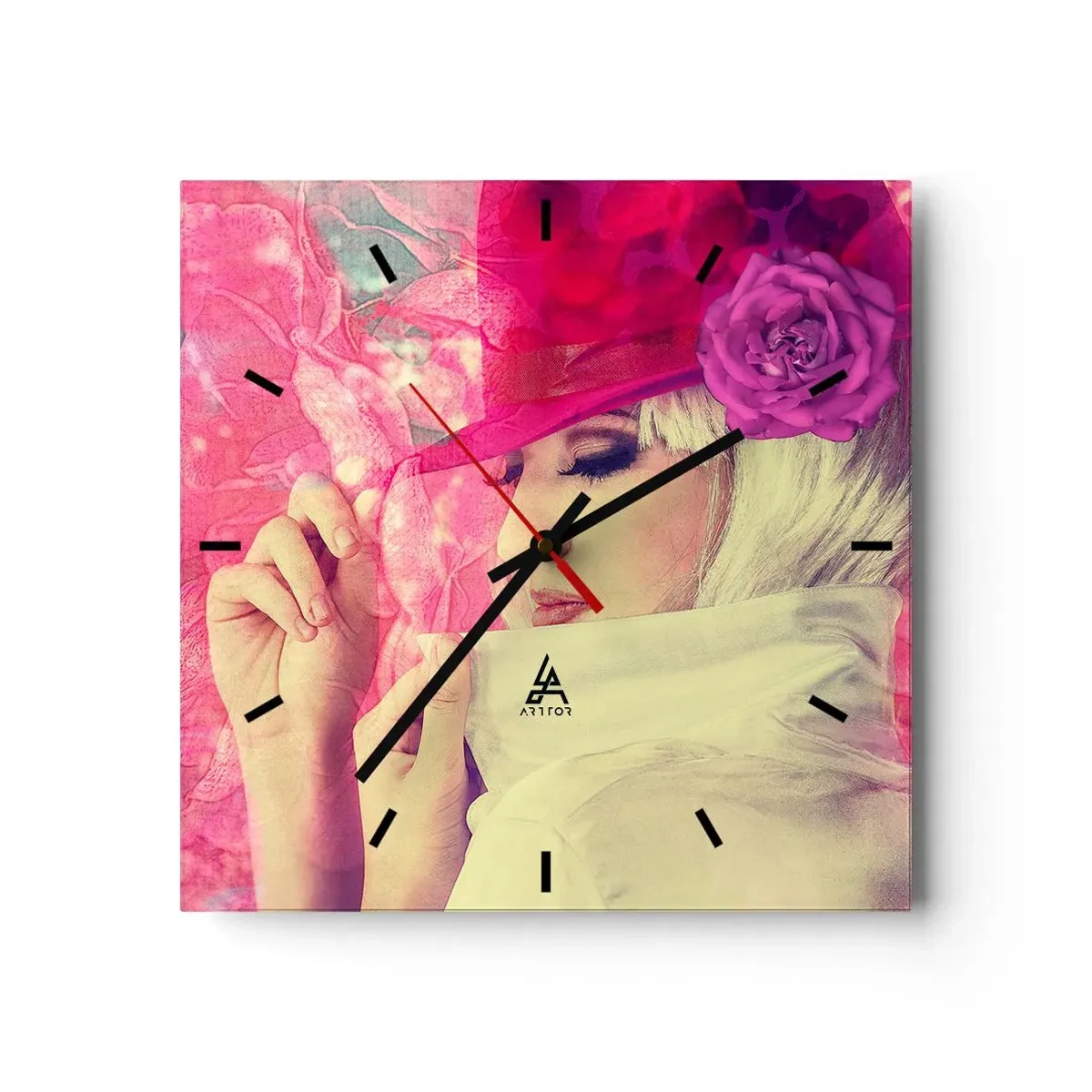 Wall clock - Clock on glass - Retro Portrait in Pink - 30x30 cm