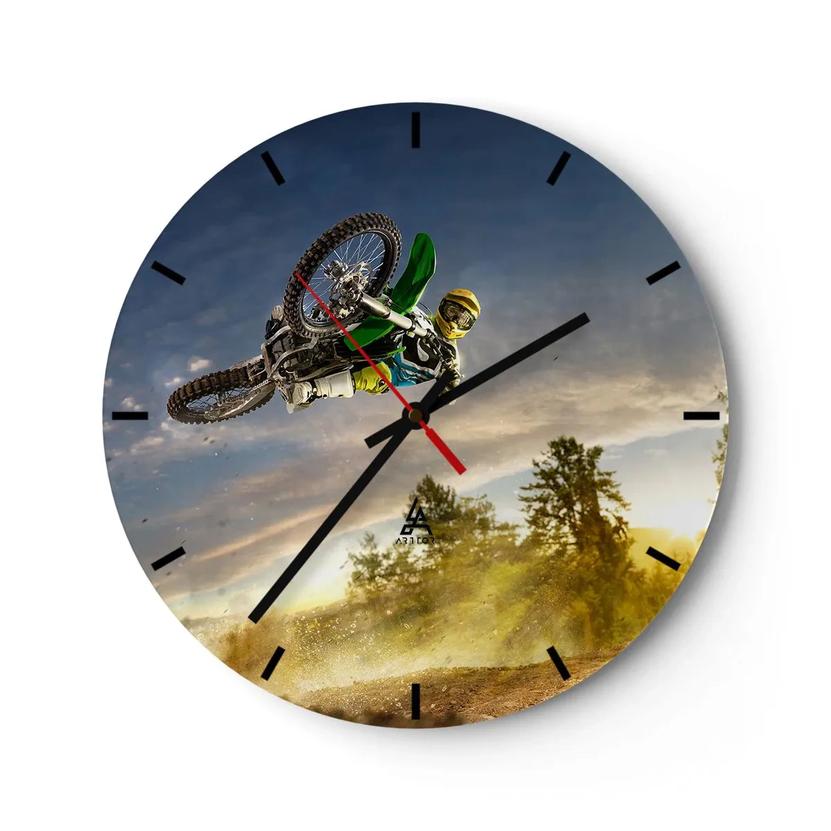 Wall clock - Clock on glass - Motocross against the backdrop of the setting sun - 30x30cm - Turn on Emotions! - Modern wall decoration for the living room, kitchen, and bedroom ARTTOR