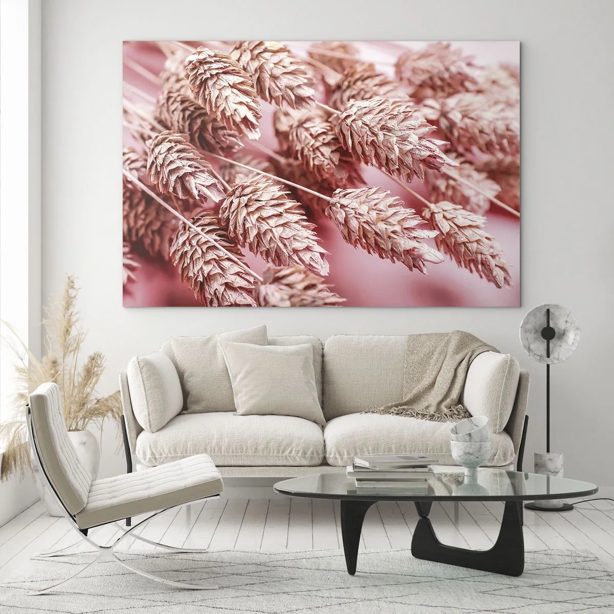 Glass picture - Dried ears of corn in shades of pink on a pastel background - 70x50cm - Flowery Cascade in Pink - Modern wall decoration for the living room and bedroom ARTTOR