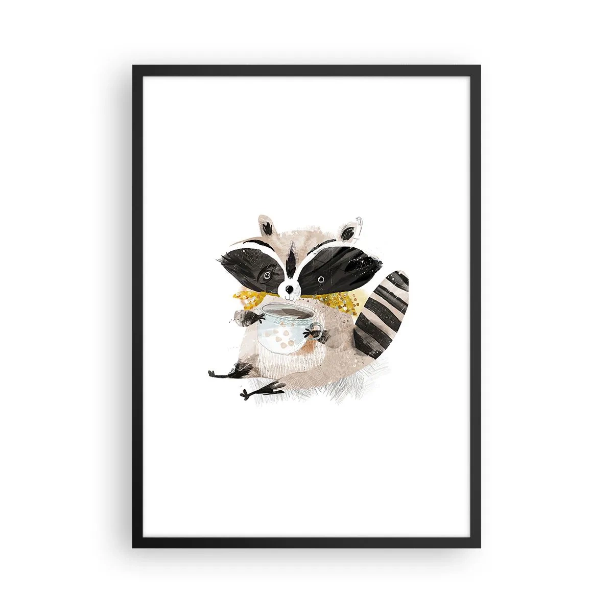 Poster in black frame - A drawing of a raccoon wearing a scarf and holding a cup of tea. - 50x70cm - My Friend Raccoon - Modern wall decoration for the living room and bedroom ARTTOR