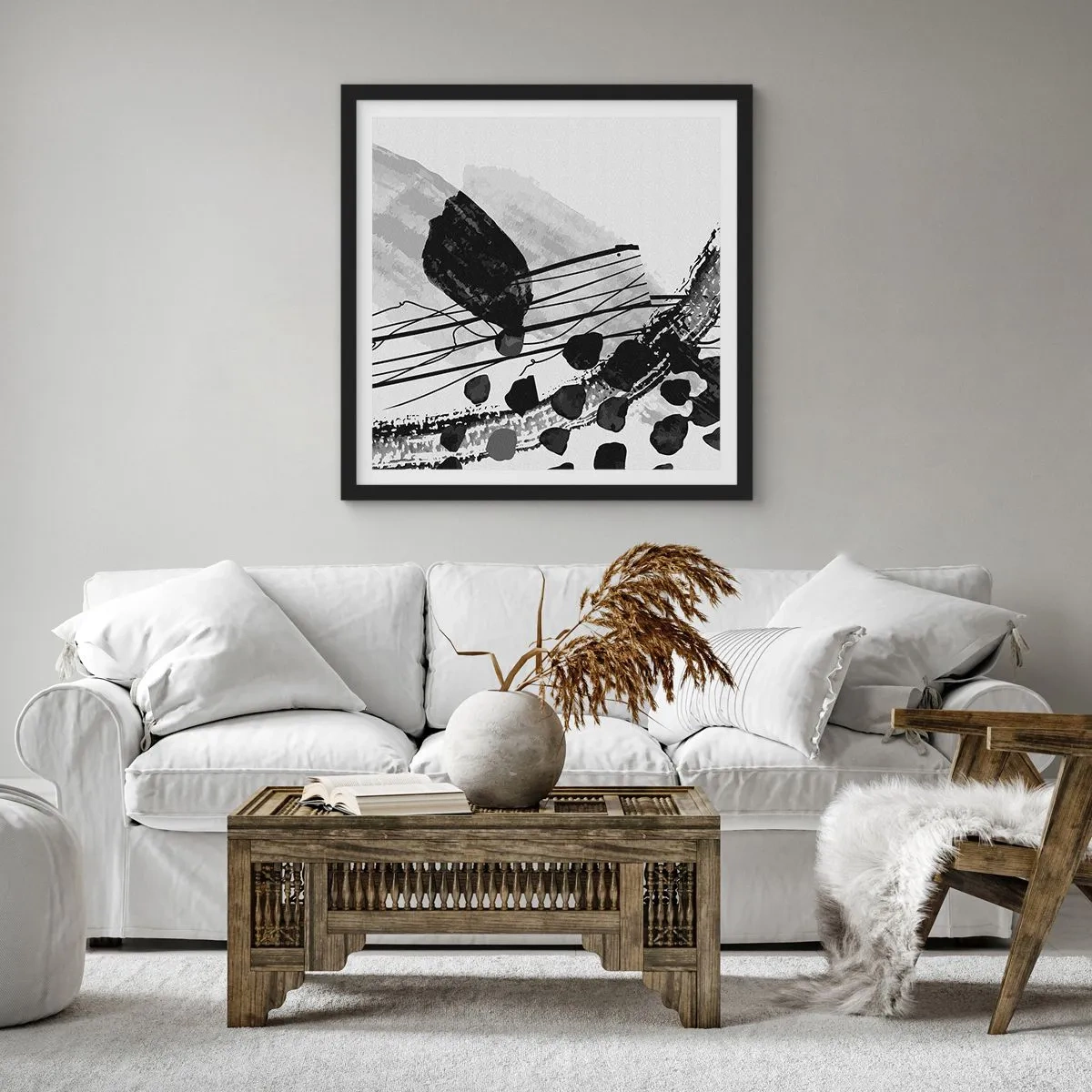 Poster in black frame - Black and White Organic Abstraction - 40x40 cm