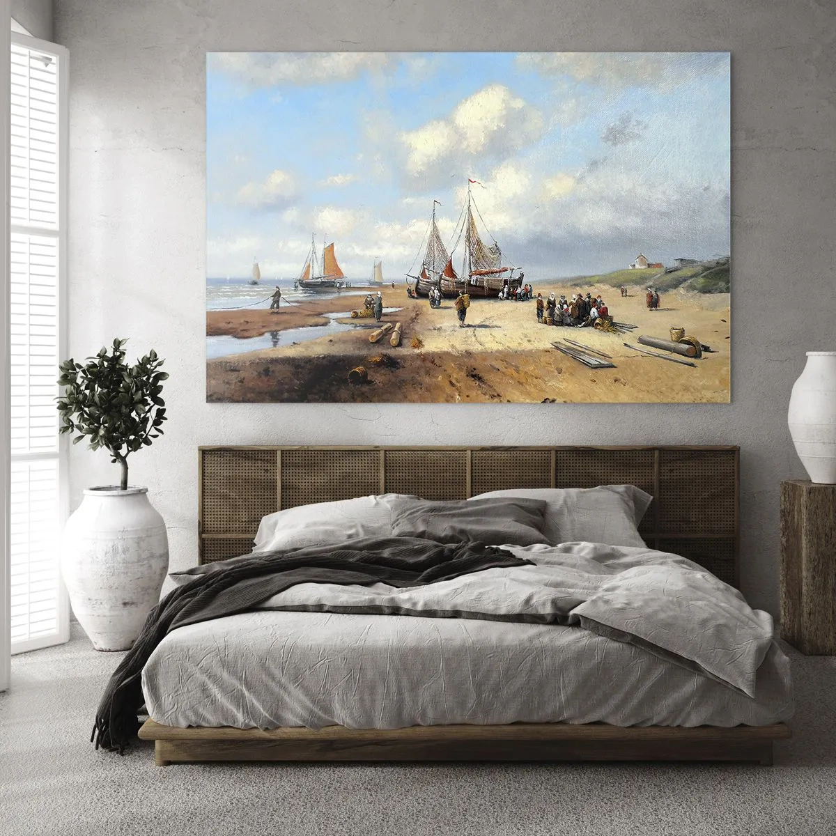 Glass picture - Beach scene with fishing boats and people fishing - 70x50cm - After a Successful Catch - Modern wall decoration for the living room and bedroom ARTTOR