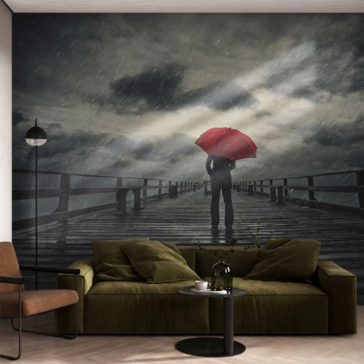 Photo Wallpaper Premium Sand - Don't Mind the Rain - Wooden Pier, Sea, Walk in the rain - 250x175 cm
