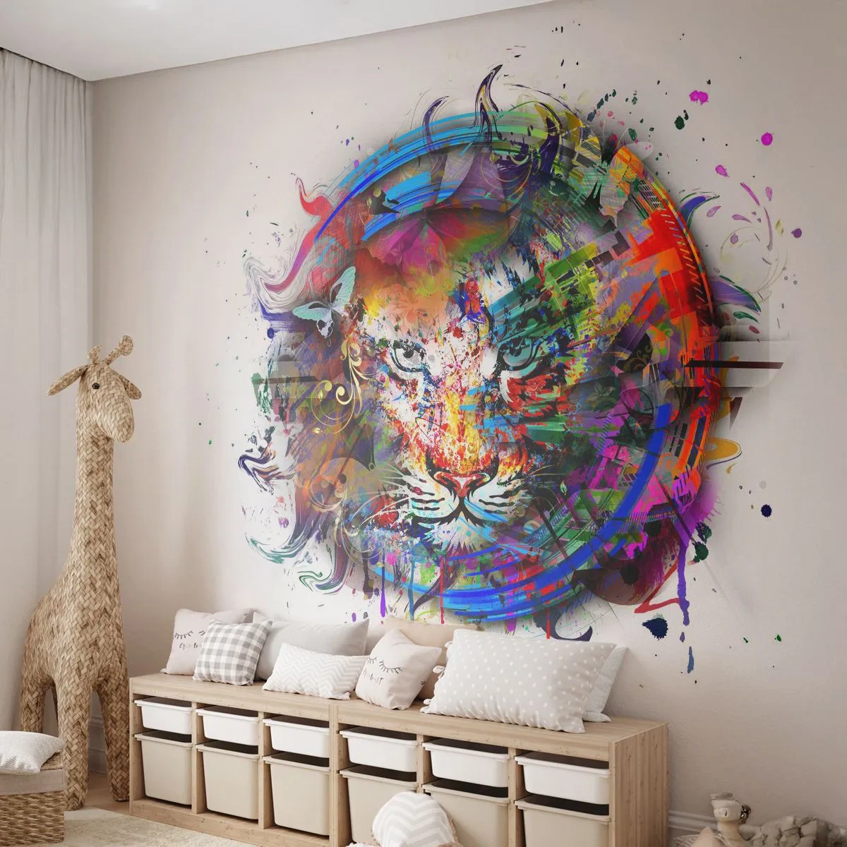 Photo Wallpaper Standard Eco - Behind Rainbow Curtain - Abstraction, Tiger, Graphics - 200x140 cm