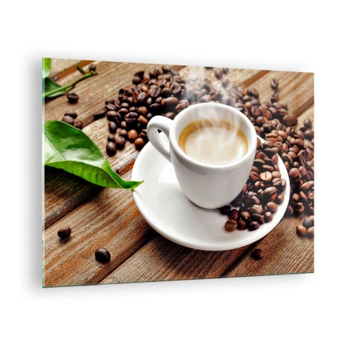 Glass picture - cup of coffee surrounded by beans on a wooden table - 70x50cm - Coffee Is Served - Modern wall decoration for the living room and bedroom ARTTOR