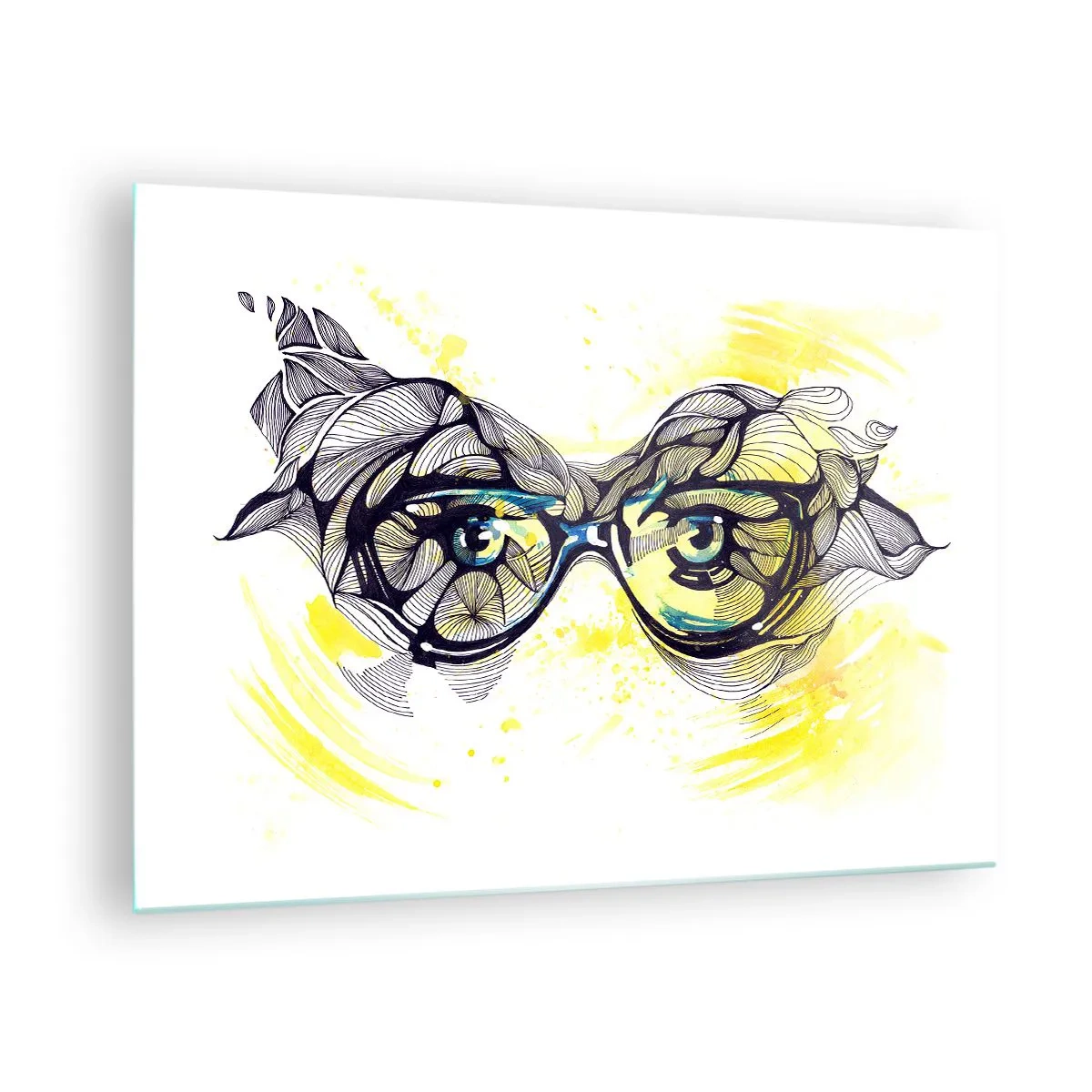Glass picture - Glasses with artistic patterns and eyes on a yellow-toned background - 70x50cm - Through Blue Glasses - Modern wall decoration for the living room and bedroom ARTTOR