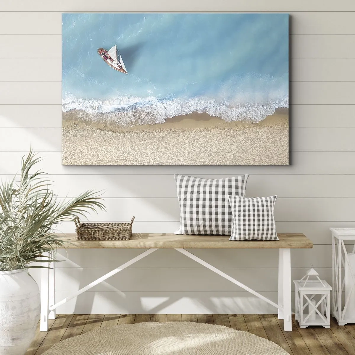 Canvas picture - bird's eye view of a boat on the beach - 70x50cm - On the Border of Blue and Gold - Modern wall decoration for the living room and bedroom ARTTOR