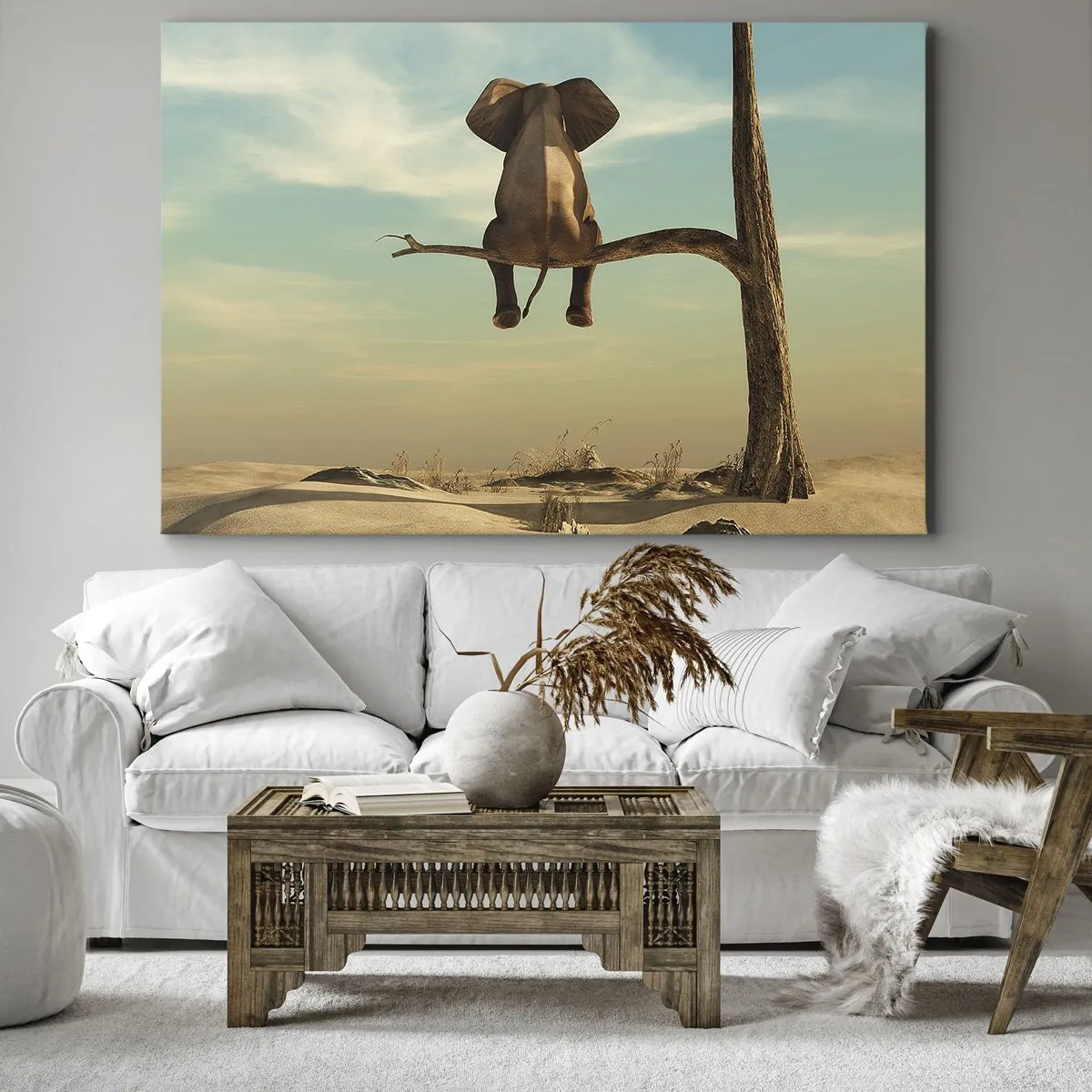 Canvas picture - An elephant sitting on a branch overlooking a desert landscape - 70x50cm - New Point of View - Modern wall decoration for the living room and bedroom ARTTOR