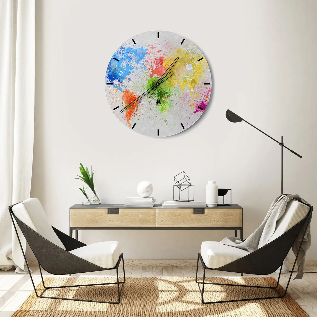 Wall clock - Clock on glass - colorful map of the world in the form of watercolor spots - 30x30cm - All the Colours of the World - Modern wall decoration for the living room, kitchen, and bedroom ARTTOR