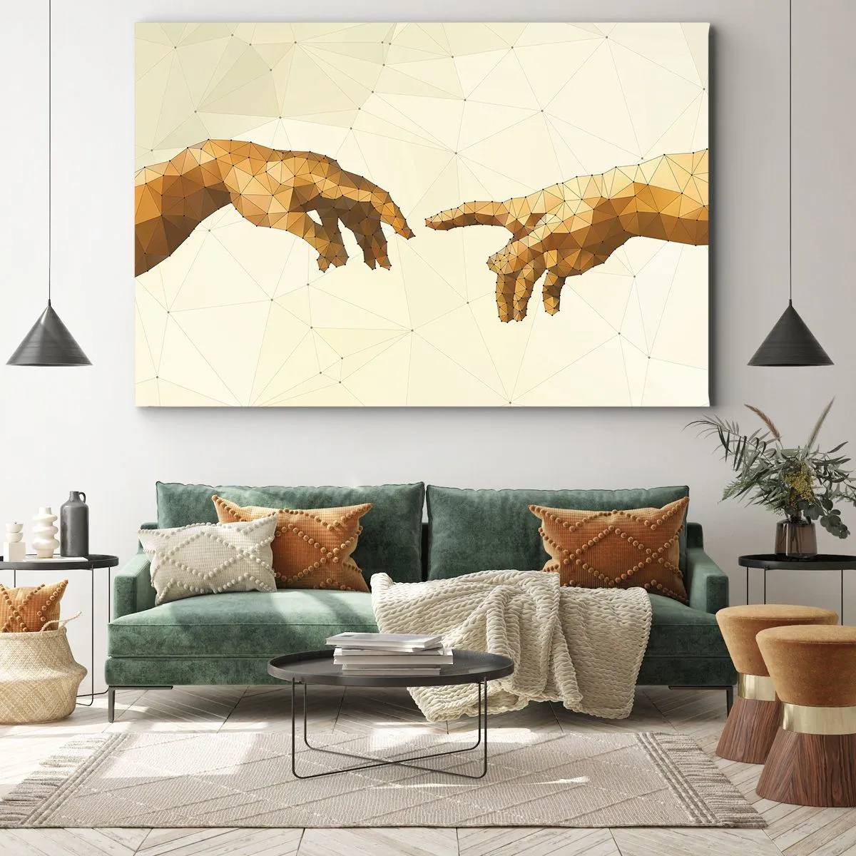 Canvas picture - Geometric hands reaching out towards each other against a light background - 70x50cm - God's Geometry - Modern wall decoration for the living room and bedroom ARTTOR