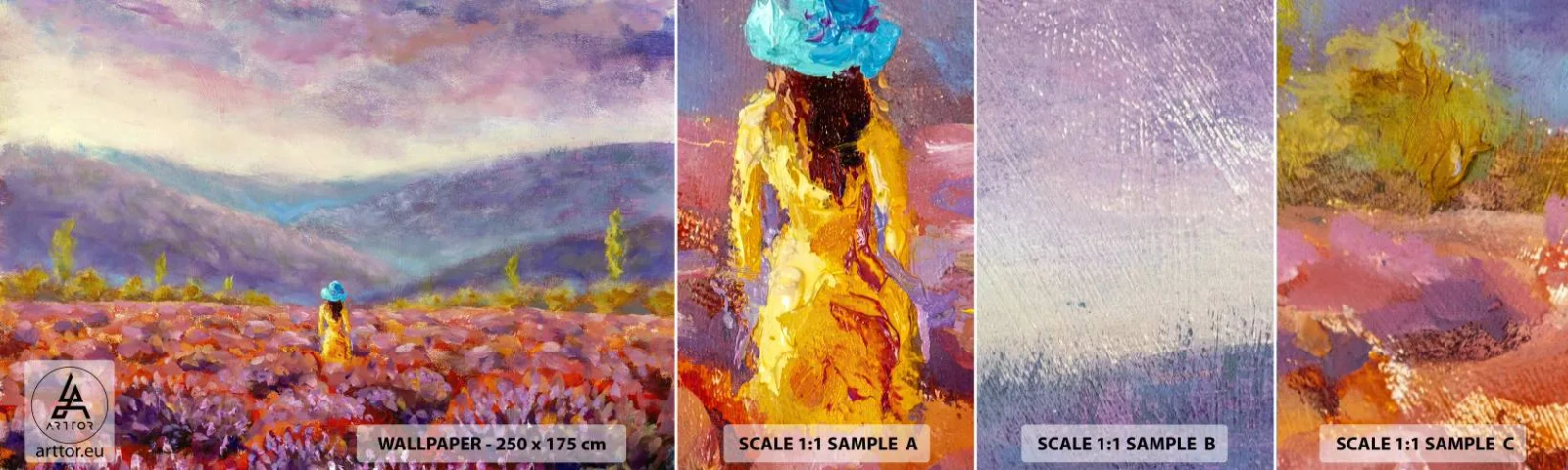 Photo Wallpaper Sample Self-Adhesive Deluxe Sticker - In Lavendar World - Landscape, Woman, Lavender Field - 100x30 cm