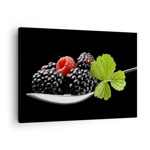 Canvas picture - Blackberries and raspberries on a spoon with a leaf on a black background - 70x50cm - Taste of Freshness - Modern wall decoration for the living room and bedroom ARTTOR