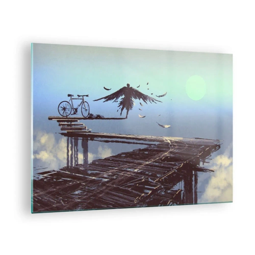 Glass picture - A figure with a bicycle on a wooden bridge above the clouds - 70x50cm - Icarus Alive - Modern wall decoration for the living room and bedroom ARTTOR