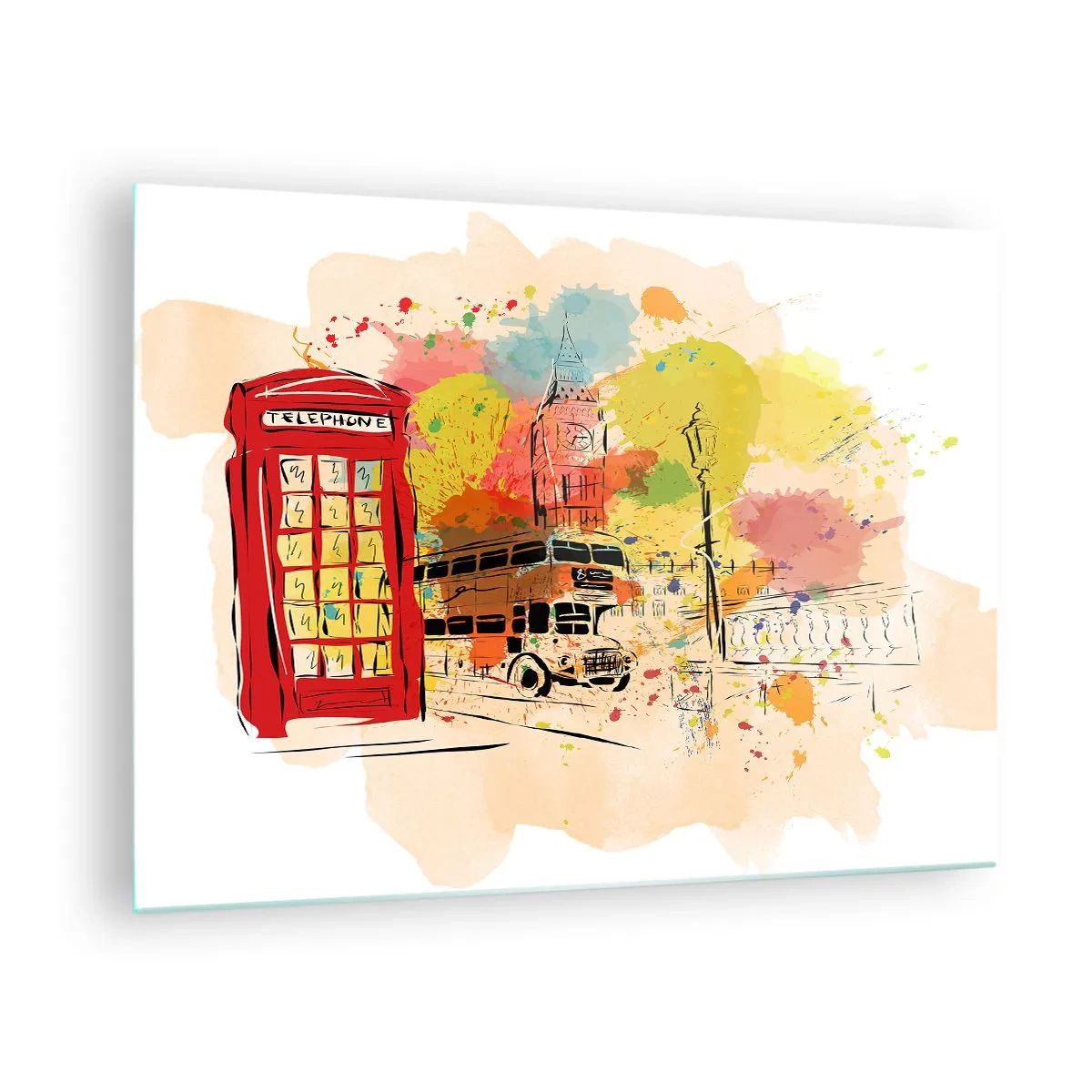 Glass picture - A red telephone box, a double-decker bus and Big Ben - 70x50cm - City of Diversity - Modern wall decoration for the living room and bedroom ARTTOR