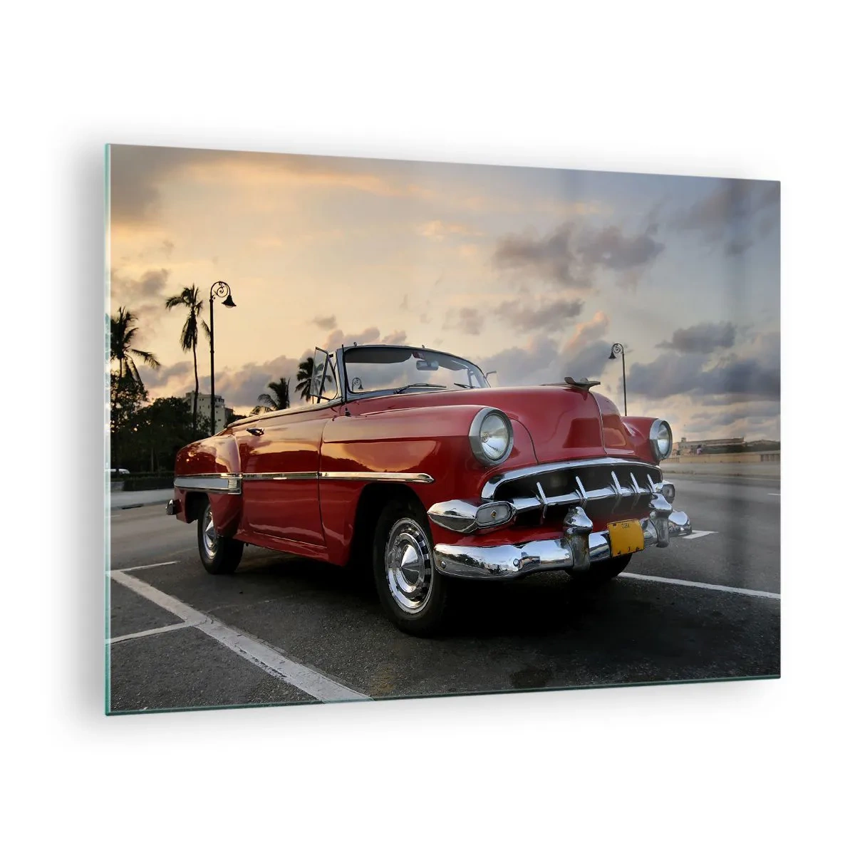 Glass picture - A red classic convertible against a sunset background - 70x50cm - Red Heat of the Tropics - Modern wall decoration for the living room and bedroom ARTTOR