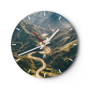 Wall clock - Clock on glass - Aerial view of a mountain valley with a winding river - 30x30cm - Straight from the Heart of the Mountains - Modern wall decoration for the living room, kitchen, and bedroom ARTTOR