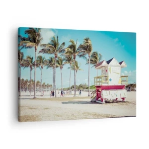 Canvas picture - A beach with palm trees and a lifeguard tower in the background - 70x50cm - Beautiful Day before You - Modern wall decoration for the living room and bedroom ARTTOR