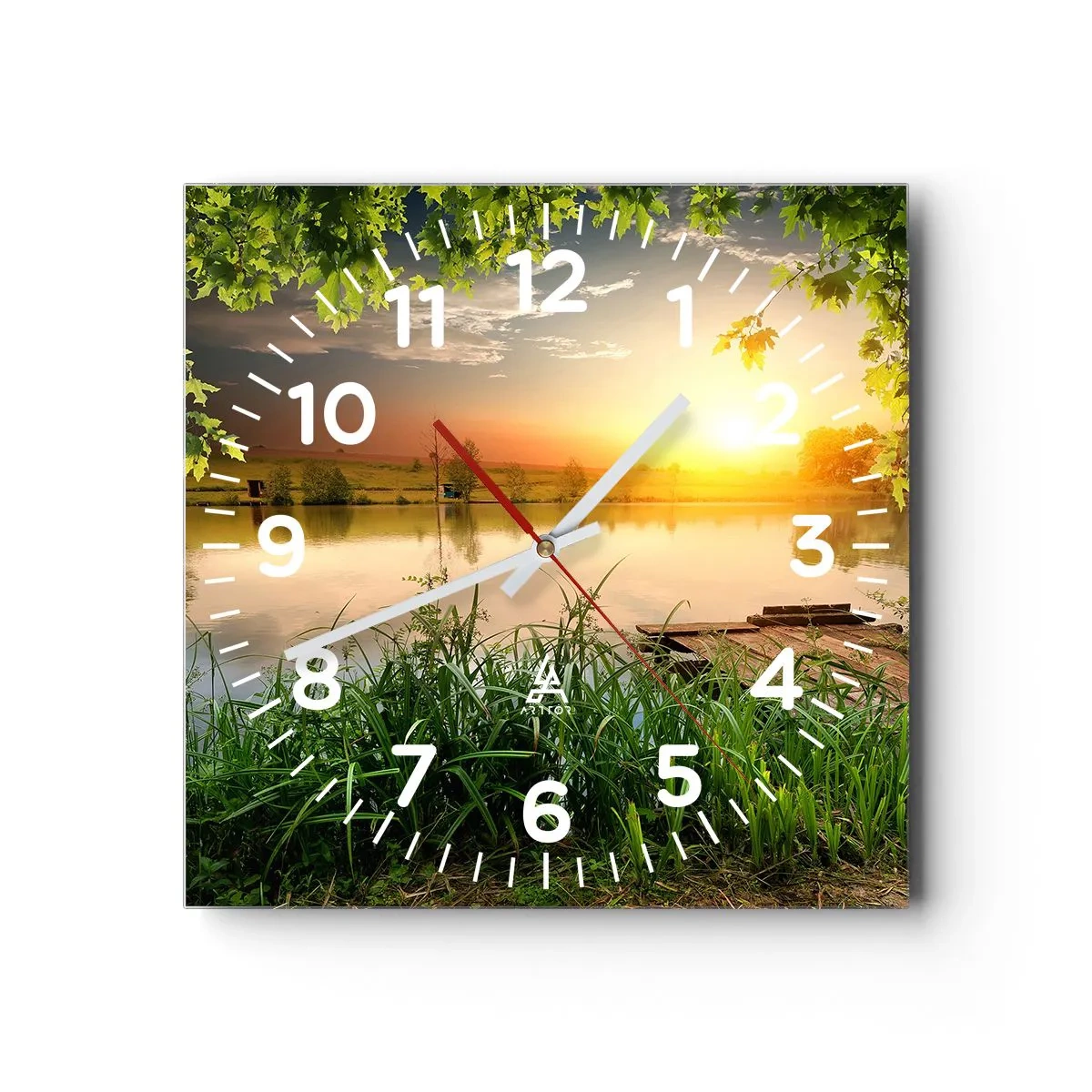 Wall clock - Clock on glass - Landscape in a Green Frame - 40x40 cm
