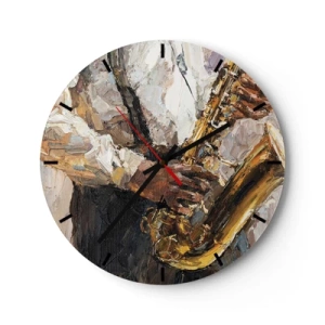 Wall clock - Clock on glass - An artistic painting depicting a musician playing the saxophone - 30x30cm - Time for a Solo - Modern wall decoration for the living room, kitchen, and bedroom ARTTOR