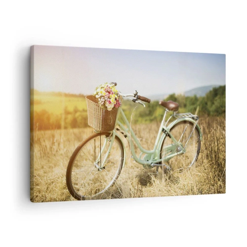 Canvas picture - A retro bicycle with a basket full of flowers against a meadow background. - 70x50cm - I will Stay Here for a While - Modern wall decoration for the living room and bedroom ARTTOR