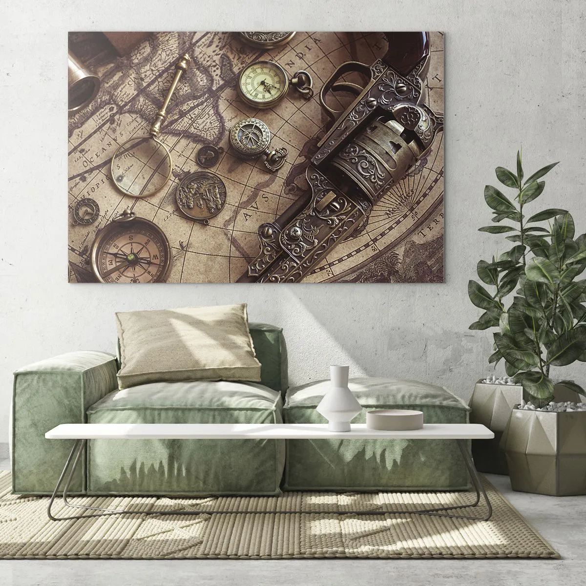 Glass picture - Ancient objects and a map - 70x50cm - Adventure Calls - Modern wall decoration for the living room and bedroom ARTTOR