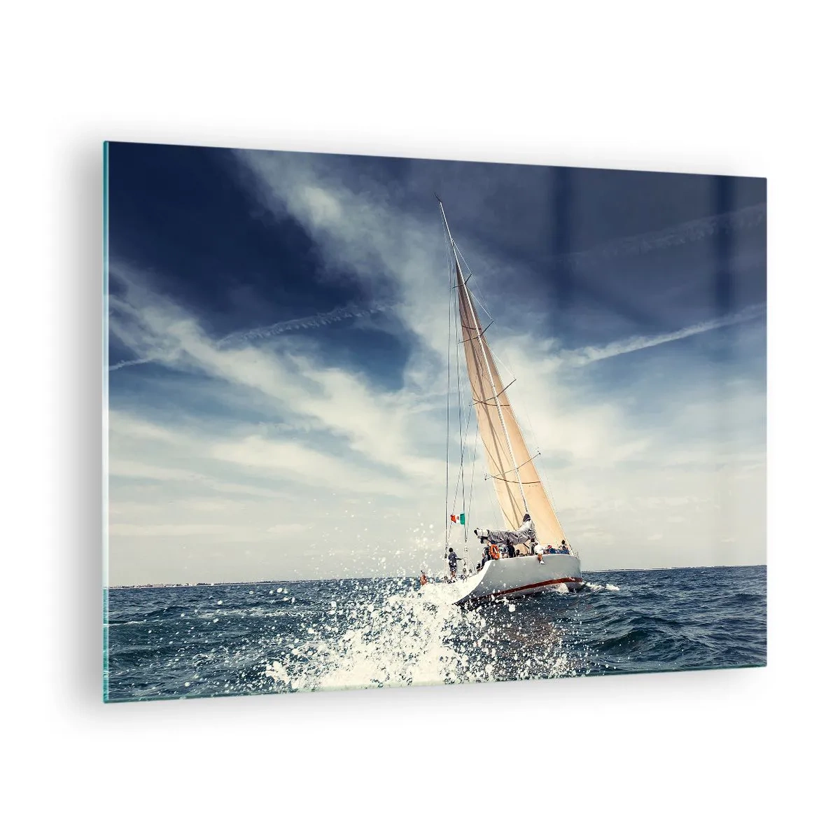 Glass picture - A yacht sailing on a stormy sea under a blue sky - 70x50cm - They Won't Catch Us - Modern wall decoration for the living room and bedroom ARTTOR