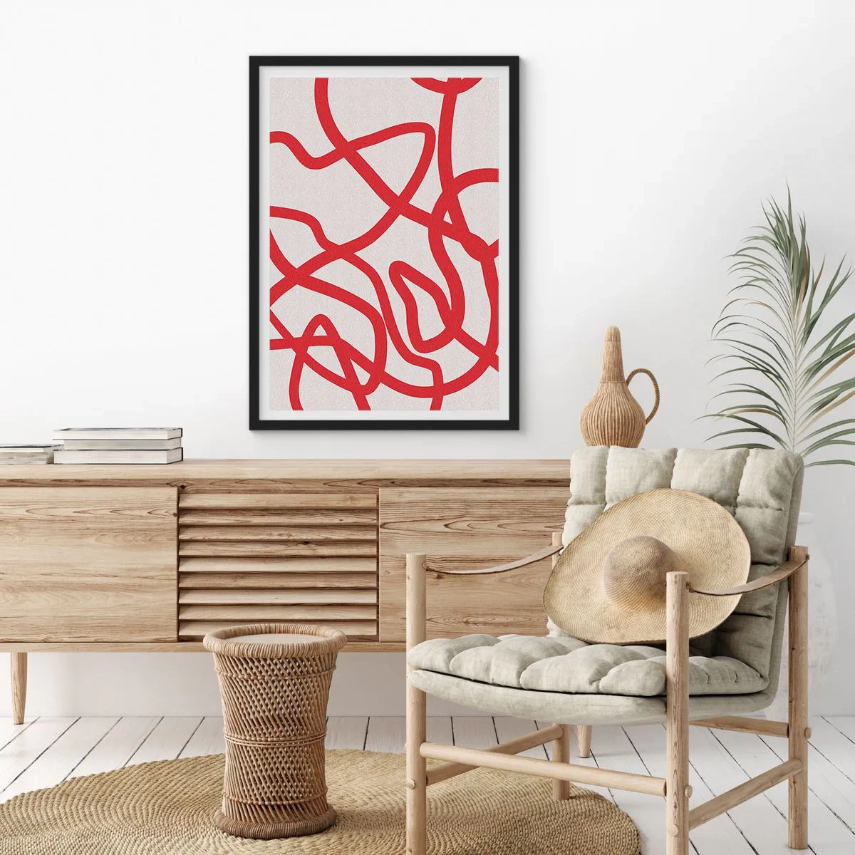 Poster in black frame - Abstract composition of dynamic red lines on a light background. - 50x70cm - Red on White - Modern wall decoration for the living room and bedroom ARTTOR