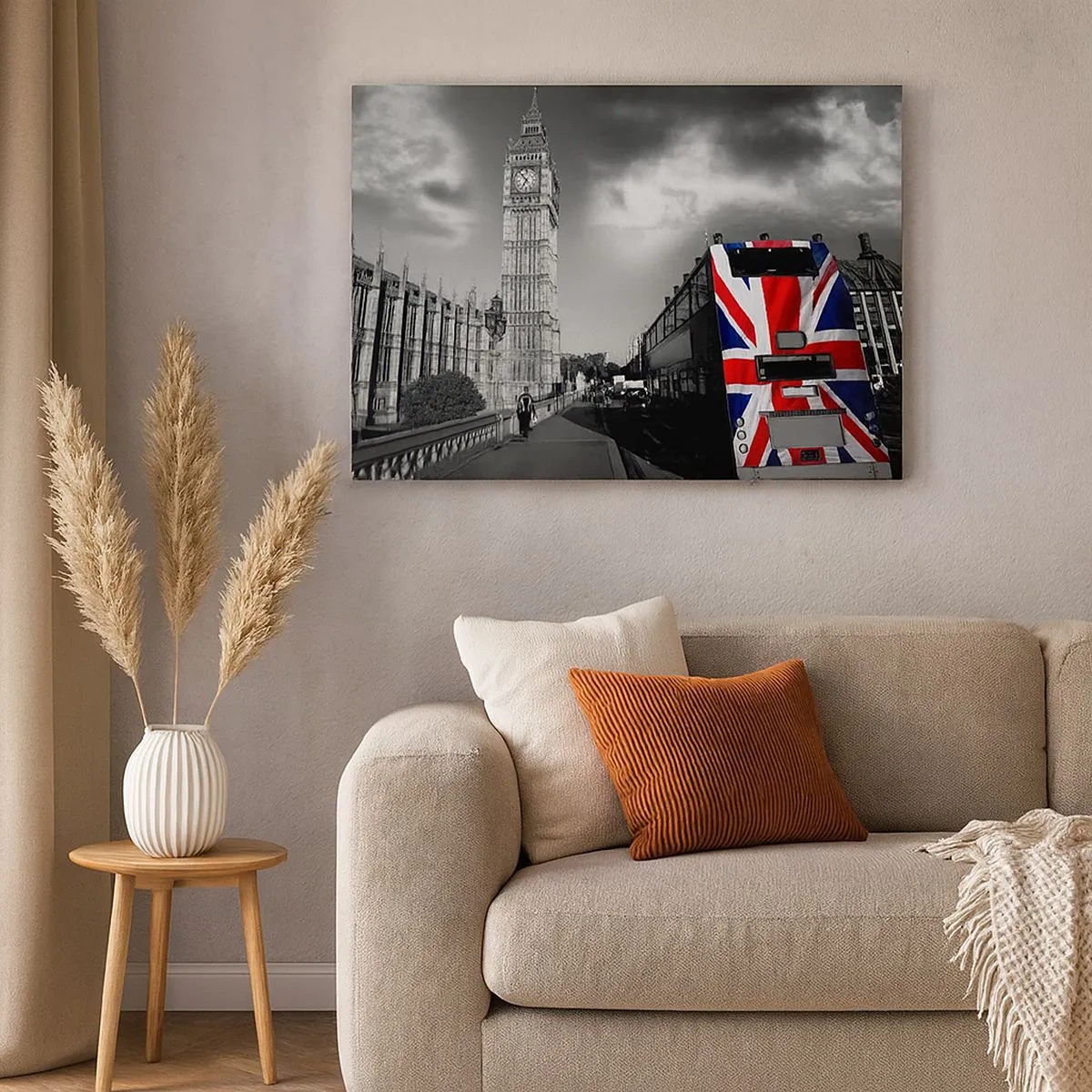 Canvas picture - Big Ben and a bus with a British flag against a black and white backdrop - 70x50cm - Proud and Great - Modern wall decoration for the living room and bedroom ARTTOR