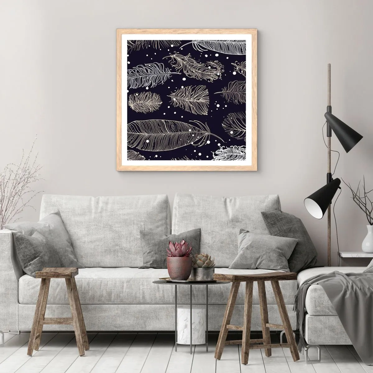 Poster in light oak frame - Feathery Lace - 30x30 cm