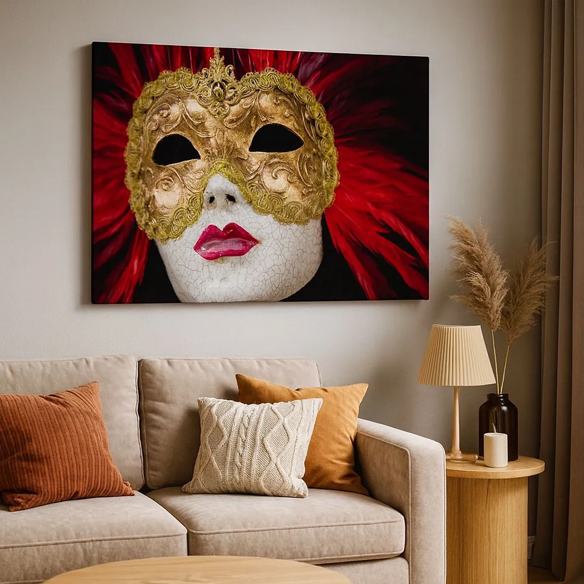 Canvas picture - Gold Venetian mask with red feathers - 70x50cm - Promise Of Carnival Adventure - Modern wall decoration for the living room and bedroom ARTTOR