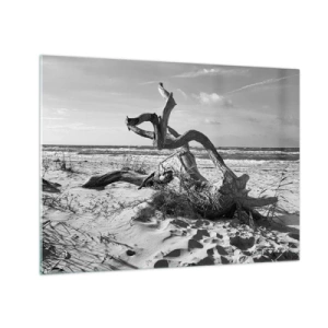 Glass picture - A black and white landscape with a fallen branch on a seaside beach. - 70x50cm - Seaside Sculpture - Modern wall decoration for the living room and bedroom ARTTOR