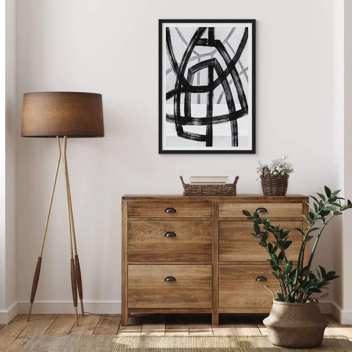 Poster in black frame - Geometric black lines on a light background in an abstract composition - 50x70cm - Building Depth - Modern wall decoration for the living room and bedroom ARTTOR