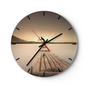 Wall clock - Clock on glass - Man on a bamboo raft at sunset - 30x30cm - Before Rest - Modern wall decoration for the living room, kitchen, and bedroom ARTTOR
