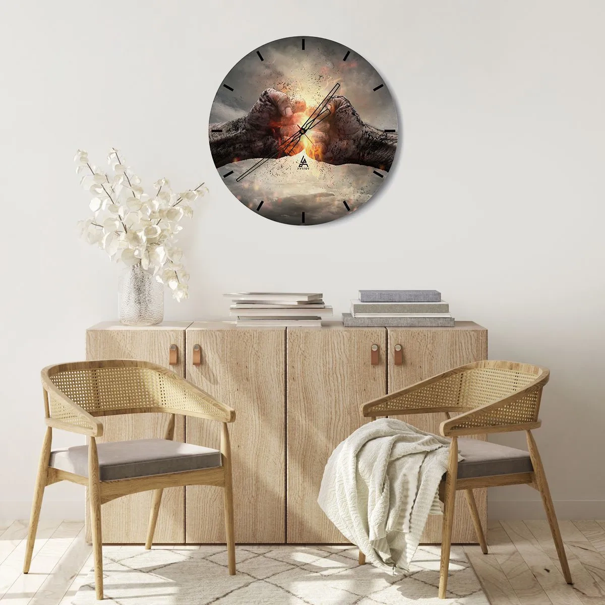 Wall clock - Clock on glass - Two clenched fists in flames - 30x30cm - Stand Up and Fight - Modern wall decoration for the living room, kitchen, and bedroom ARTTOR