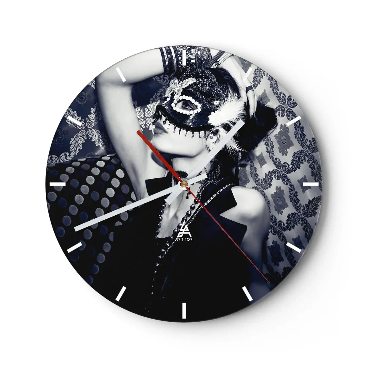 Wall clock - Clock on glass - A woman wearing a decorative mask in a black and white outfit - 30x30cm - Decorations, Ornaments, Patterns - Modern wall decoration for the living room, kitchen, and bedroom ARTTOR