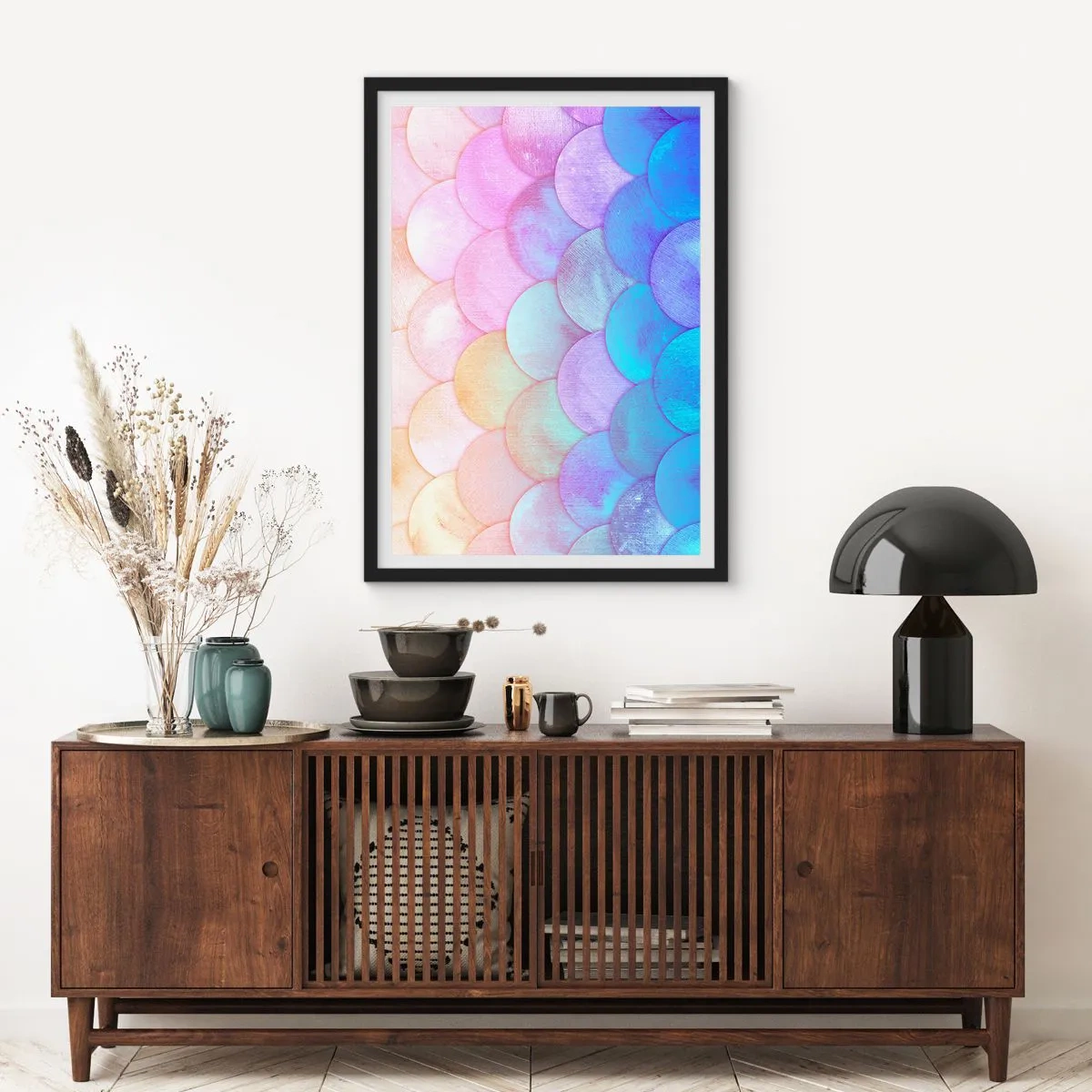 Poster in black frame - A pastel composition resembling scales in rainbow shades - 50x70cm - Pearl Scale - Modern wall decoration for the living room and bedroom ARTTOR