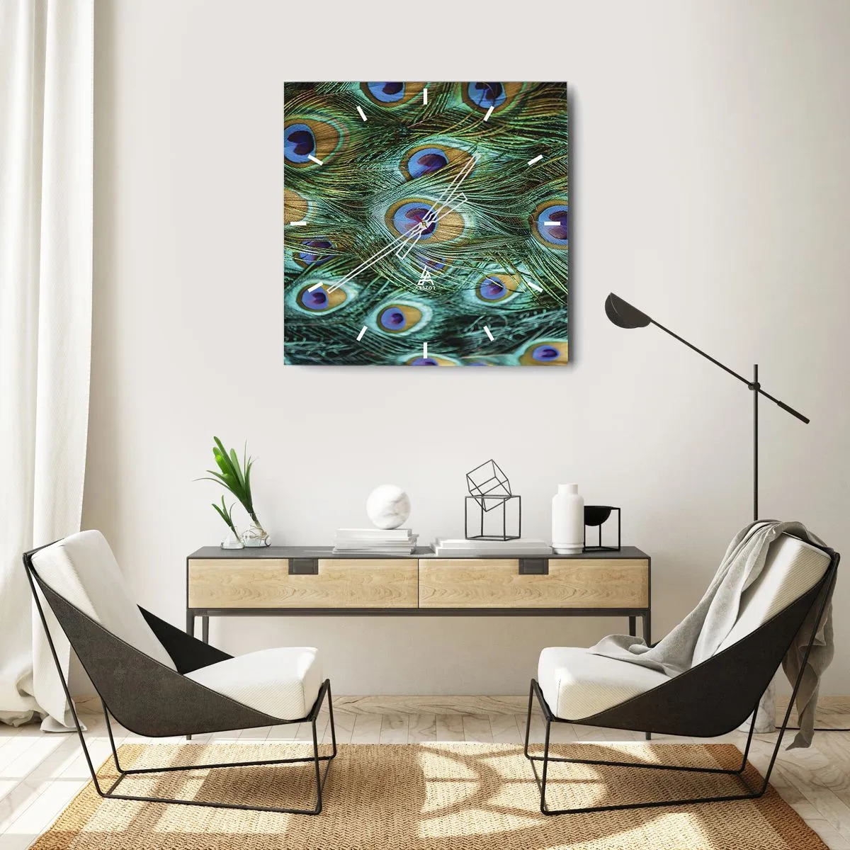 Wall clock - Clock on glass - Peacock Eyes - 30x30 cm