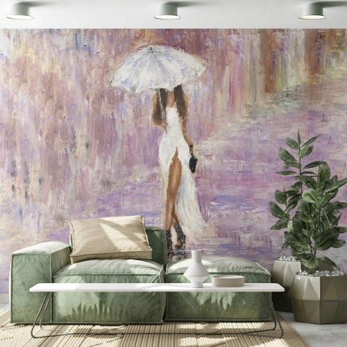 Photo Wallpaper Premium Canvas - In Liliac Rain - Woman, Fashion, Walk in the rain - 350x256 cm