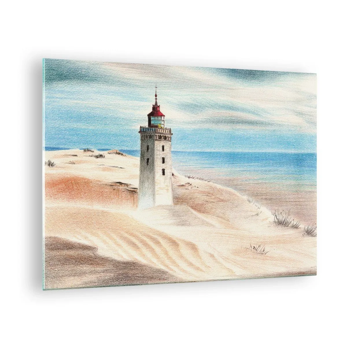 Glass picture - lighthouse on a desert dune by a calm sea - 70x50cm - Always Staring at the Sea - Modern wall decoration for the living room and bedroom ARTTOR