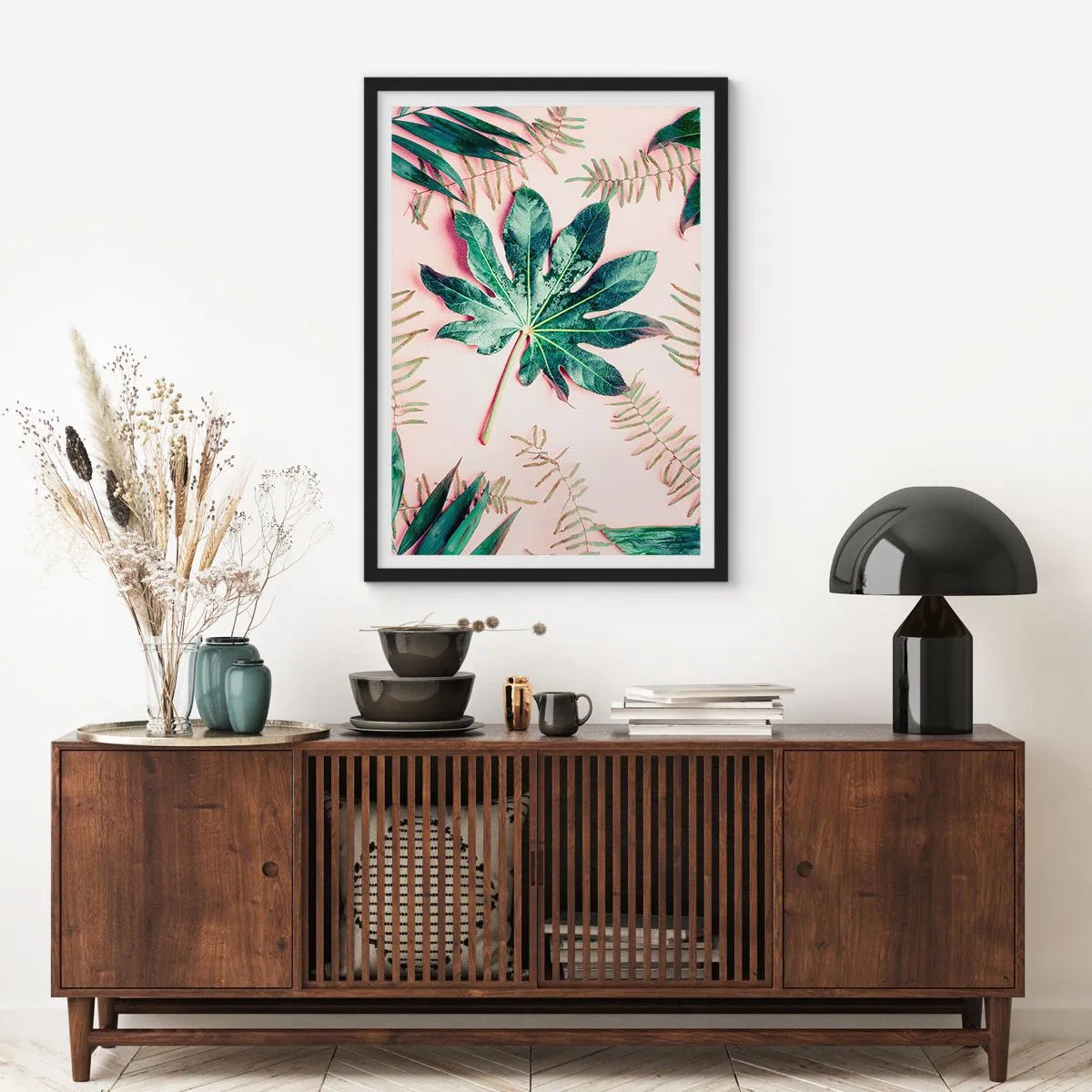 Poster in black frame - Leaves in various shades of green on a pink background - 50x70cm - Study in Green on Pink Background - Modern wall decoration for the living room and bedroom ARTTOR