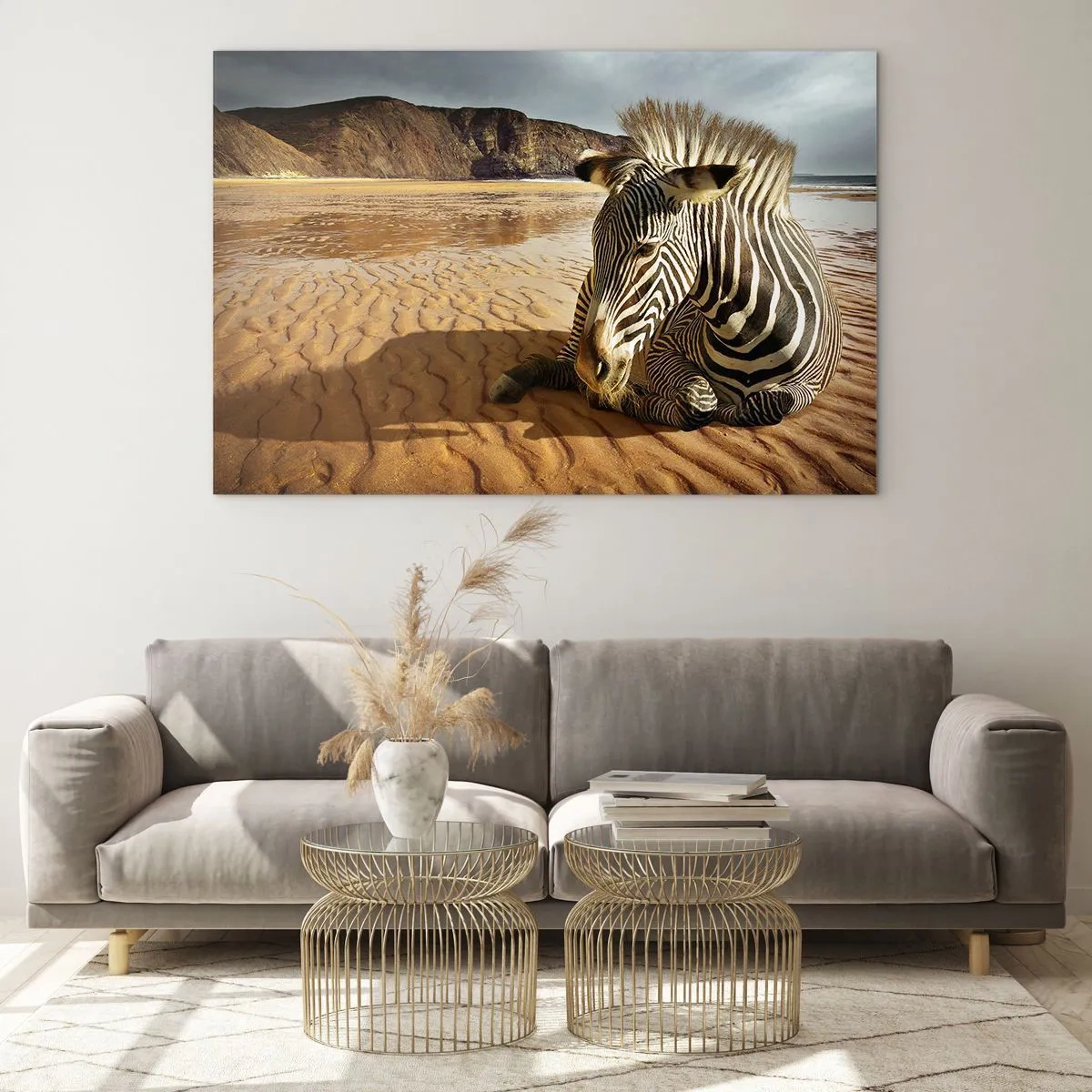 Glass picture - zebra resting on the beach at sunset - 70x50cm - We Suit Each Other - Modern wall decoration for the living room and bedroom ARTTOR