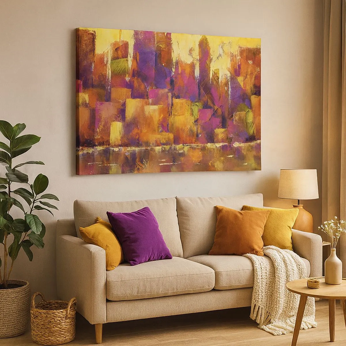 Canvas picture - Abstract composition of a metropolis in shades of yellow and purple - 70x50cm - Metropolitan Composition - Modern wall decoration for the living room and bedroom ARTTOR