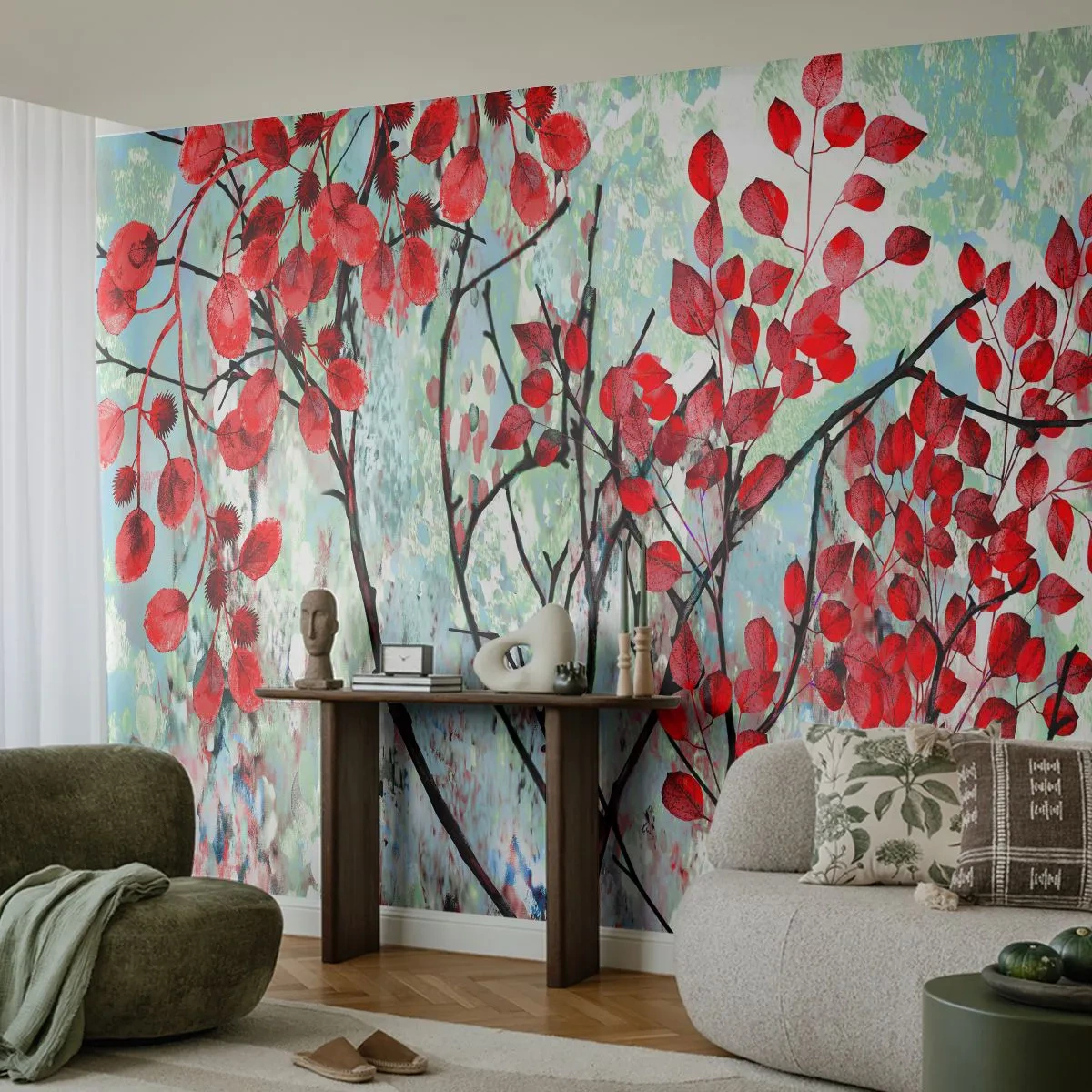 Photo Wallpaper Premium Canvas - Tree in Scarlet - Abstraction, Red Leaves, Branch - 250x175 cm