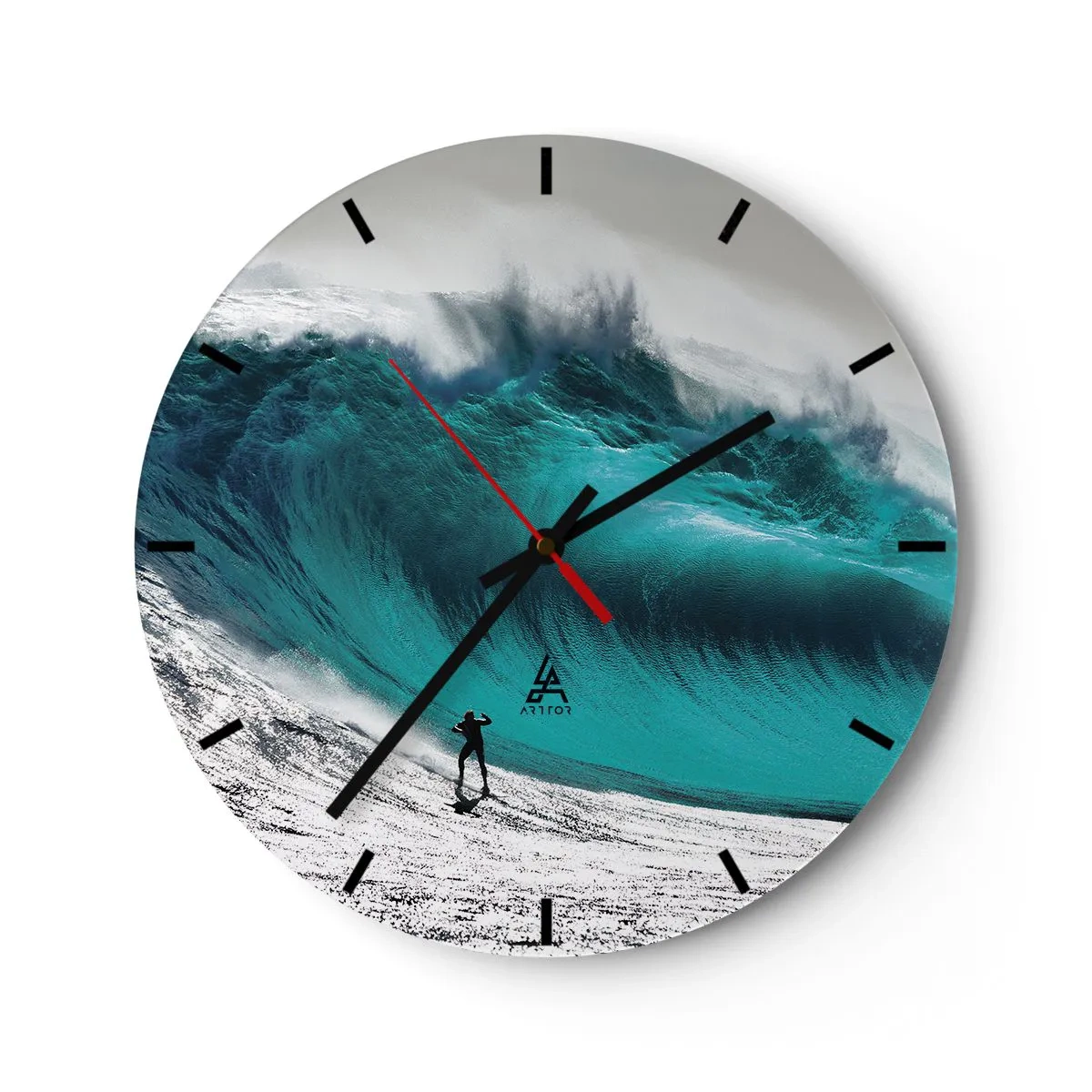 Wall clock - Clock on glass - A surfer in front of a giant turquoise wave - 30x30cm - Challenge Accepted - Modern wall decoration for the living room, kitchen, and bedroom ARTTOR