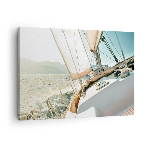 Canvas picture - A yacht on the open sea with a view of the mountains - 70x50cm - Full Sail - Modern wall decoration for the living room and bedroom ARTTOR