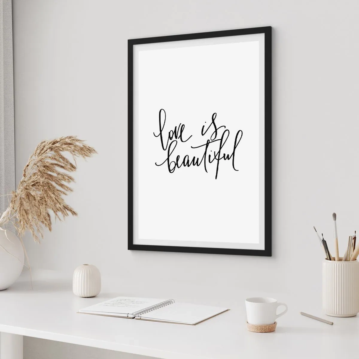 Poster in black frame - Love is beautiful - inscriptions on a white background - 50x70cm - Read and Repeat - Modern wall decoration for the living room and bedroom ARTTOR