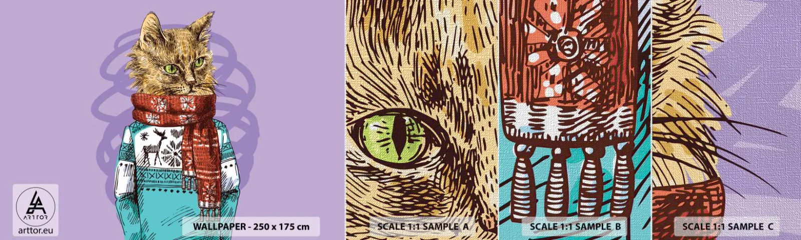 Photo Wallpaper Sample Premium Canvas - Cat Not Only in Boots - Abstraction, Cat, Woolen Sweater - 100x30 cm