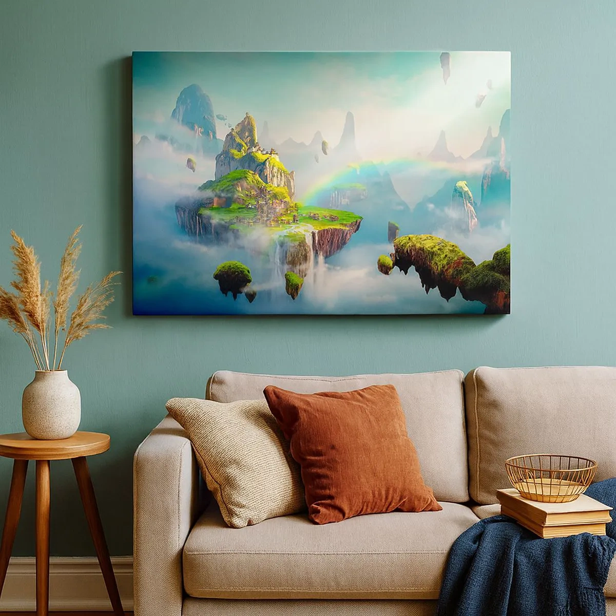 Canvas picture - Flying islands among the clouds with a rainbow on the horizon - 70x50cm - Internal Heaven - Happy Islands - Modern wall decoration for the living room and bedroom ARTTOR