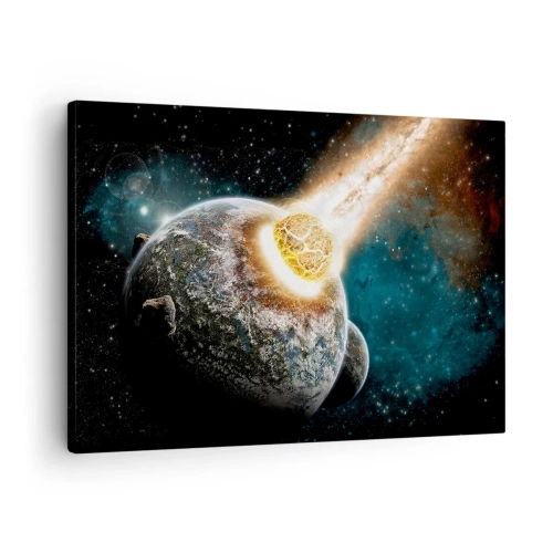 Canvas picture - Cosmic collision of a planet with an asteroid in the vicinity of the galaxy. - 70x50cm - Demise or Birth? - Modern wall decoration for the living room and bedroom ARTTOR